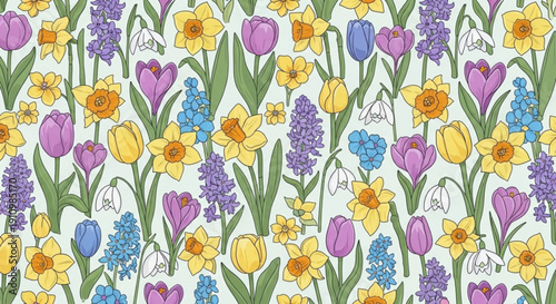 Colorful spring flowers pattern with tulips daffodils and hyacinths on white background