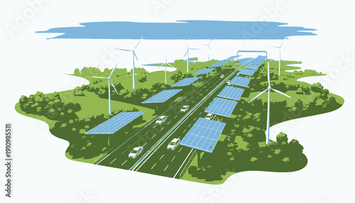 Sustainable Energy Landscape with Solar Panels and Wind Turbines.