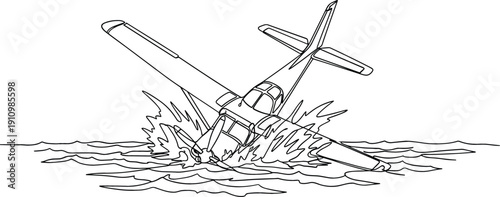 Minimalist continuous one line drawing of a small airplane crashing into water with splashes for emergency concept.