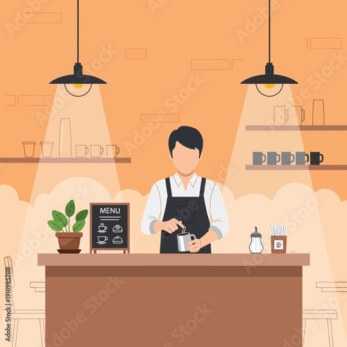 Barista making coffee at counter in cafe, preparing drink, serving customers, coffee shop interior