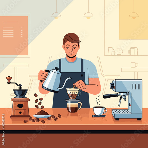 Barista making pour over coffee with coffee beans and equipment