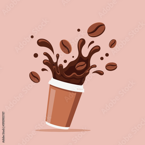 Coffee Splash Explosion from Cup with Beans, Dynamic Beverage Motion