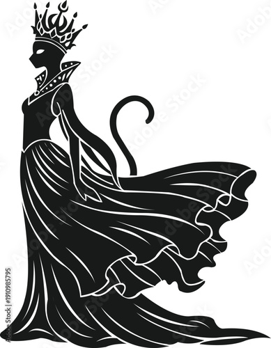 Fantasy inspired cat queen silhouette, slim body posture.