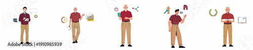 Intergenerational men illustrating various life goals, financial planning, education, technology usage, and personal achievement concepts through modern flat vector illustrations.