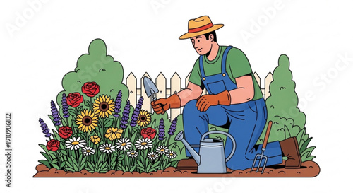 Man gardening flowers in yard with watering can and tools
