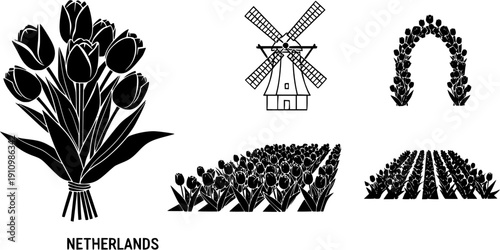 Comprehensive Collection of Dutch Culture Symbols Featuring Windmill Tulips Canal Houses Crown and King Day Icons