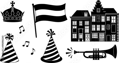 Silhouette Collection of Dutch King's Day Celebration Icons Including Crown Flag Trumpet and Canal Houses