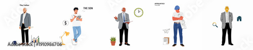 Father and Son Business Journey: Depicting mentorship, professional transfer, and different career paths through graphic illustration set.