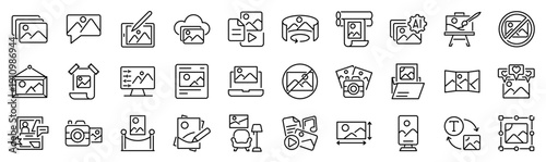 Set of 30 outline icons related to picture, image. Linear icon collection. Editable stroke. Vector illustration