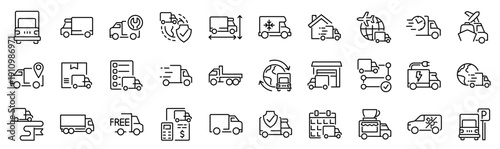 Set of 30 outline icons related to truck. Linear icon collection. Editable stroke. Vector illustration