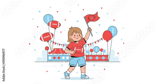 Enthusiastic Child Cheers With Football Themed Decorations and Balloons