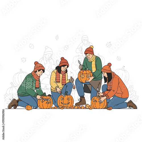 Enthusiastic Individuals Carving Halloween Pumpkins Together For Autumn Celebration Fun