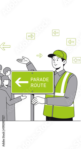 Event Guide Directing Crowds Along A Designated Parade Route Signaling Direction