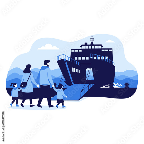 Family Boarding Large Ferry For Exciting Vacation Voyage Adventure