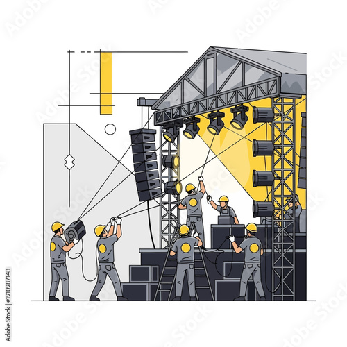 Event Crew Illuminating Stage Lighting Rig Setup Crew Concert