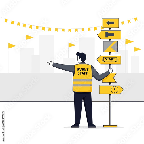 Event Staff Directing Crowds With Directional Signposts And Festive Banners