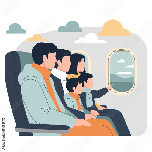 Family Travels Together On Airplane Enjoying Scenic Views From Window Seat