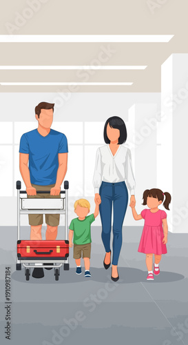 Family Traveling Together With Luggage And Children Exploring The Airport Terminal
