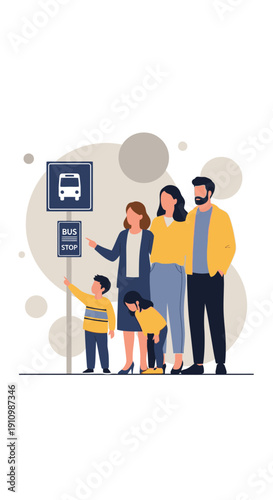 Family Waits Patiently For Public Transport At Busy Urban Bus Stop
