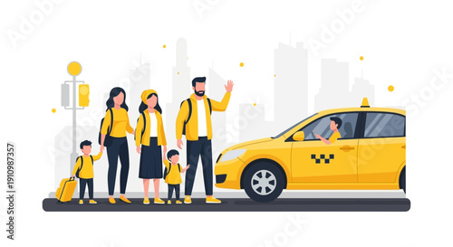 Family Waits For Yellow Taxi Cab In City Scene With Buildings