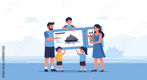 Excited Family Holding Cruise Ship Ticket For Tropical Vacation Adventure
