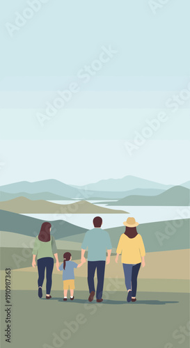 Family Walking Towards Serene Mountains and Lake Scenic Vista