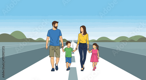 Family Walking Together On An Open Road Journey Of Life