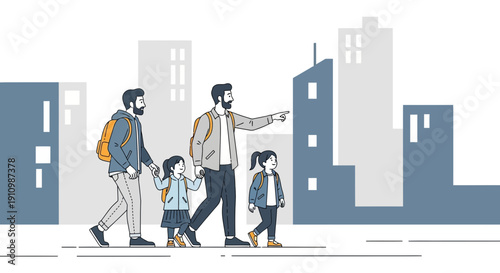 Family Walking Through City During Daytime With Backpacks