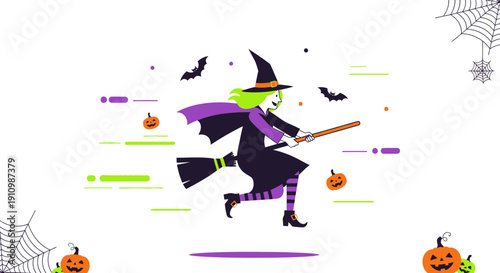 Enchanting Witch Flying on Broomstick with Halloween Delights