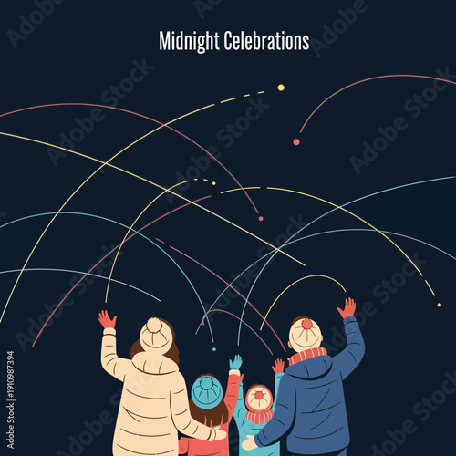 Family Watching Colorful Fireworks Light Up The Night Sky