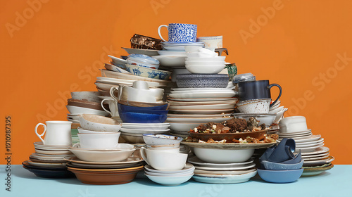 Large Stack of Dirty Dishes and Plates