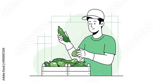 Farmer Carefully Inspects Freshly Harvested Cucumbers In A Wooden Crate