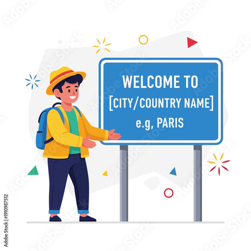 Excited Tourist Arrives At New Destination Welcome Sign Adventure Awaits