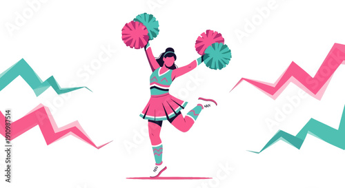 Energetic Cheerleader Dynamic Pompoms And Lightning Bolt Graphics