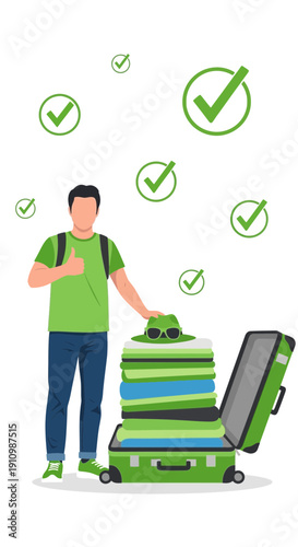 Excited Traveler Gives Thumbs Up To Packed Suitcase Ready For Adventure