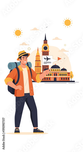 Excited Tourist Embarks on Adventure with Iconic Landmark Backdrop