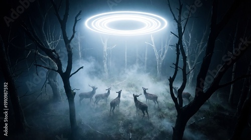 Mysterious and eerie scene: deer gather under a glowing ring in a foggy forest, an otherworldly encounter. The image creates a sense of intrigue, mixing nature with science fiction and fantasy