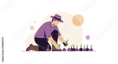 Farmer Gardening: Planting Purple Onions And Cultivating A Vegetable Garden Field