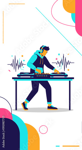 Energetic DJ Performing Electronic Music Beat Mixing Soundwaves Party Vibes