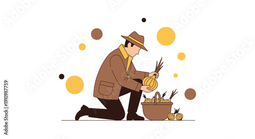 Farmer Harvesting Onions With Basket And Orbs