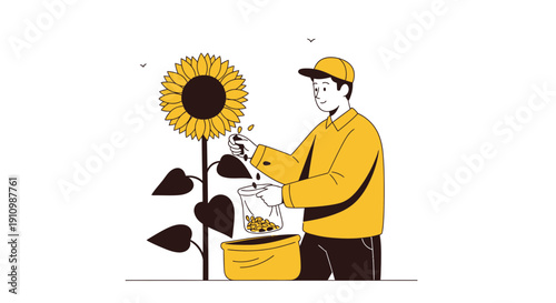 Farmer Harvesting Seeds From Giant Sunflower With Yellow Palette