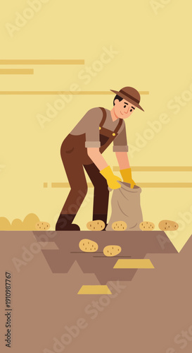 Farmer Harvesting Potatoes In A Field Bringing In The Harvest Season