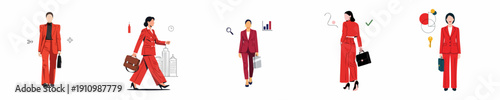 Modern Businesswoman in Red Suit Vector Illustrations Set: Professional Female Executive Poses for Corporate Career, Success, and Management Concepts.