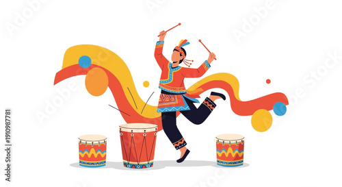 Energetic Drummer In Traditional Attire Performing Rhythm