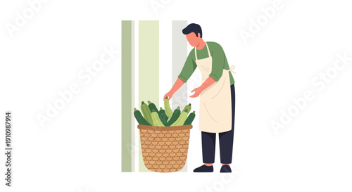 Farmer Inspecting Abundant Harvest Of Fresh Zucchini In Woven Basket