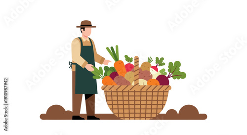 Farmer Proudly Showcasing Abundant Harvest In Wicker Basket Illustration