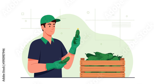 Farmer Inspecting Freshly Harvested Cucumbers In A Wooden Crate