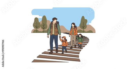 Family Hiking Adventure Crosswalk Nature Scene Illustration