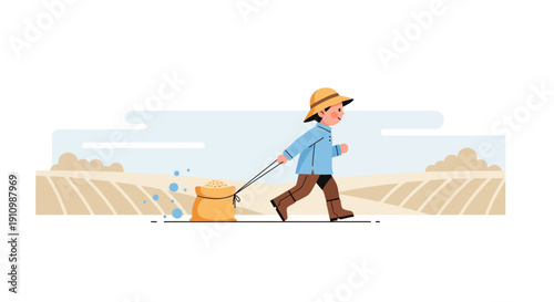 Farmer Pulling Sacks Of Grain Across A Field In A Cartoony Style
