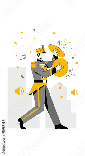 Energetic Marching Band Musician Playing Cymbals in Festive Parade Celebration